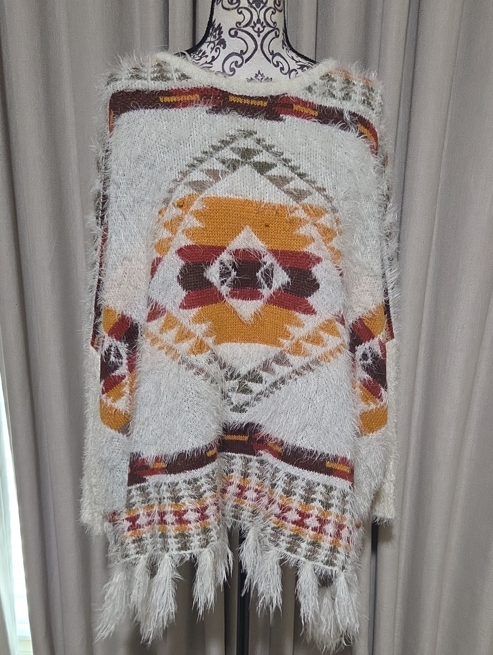 Altar'd State White Fuzzy Aztec Fringe Poncho Sweater with Mustard & Burgundy